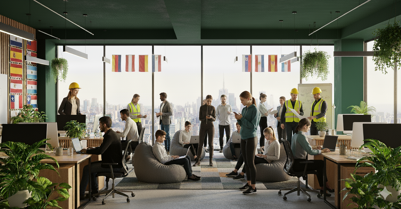 KATACHI Studio - Elegant interior with sage green walls and terracotta furniture overlooking surreal landscape